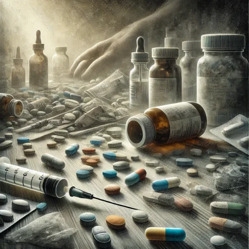 DALL·E 2024-11-18 21.52.31 - A detailed and thought-provoking illustration for an article about substance abuse. The composition includes a collection of pills, needles, and medic